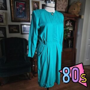 Vintage 80s Michael B Ltd. Teal Sheath Midi Dress Button Accent‎ Long Sleeve